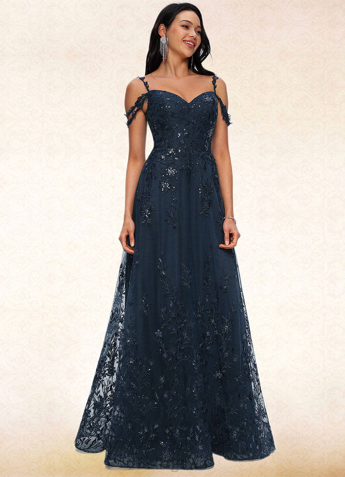 Kamora A-line V-Neck Floor-Length Lace Prom Dresses With Sequins DNP0022222