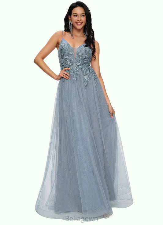 Susan A-line V-Neck Floor-Length Tulle Prom Dresses With Appliques Lace Sequins DNP0022223