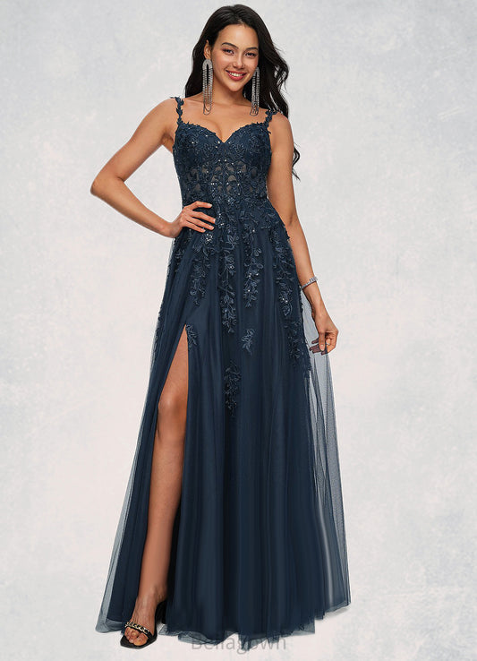 Kimberly A-line V-Neck Floor-Length Tulle Prom Dresses With Sequins DNP0022224