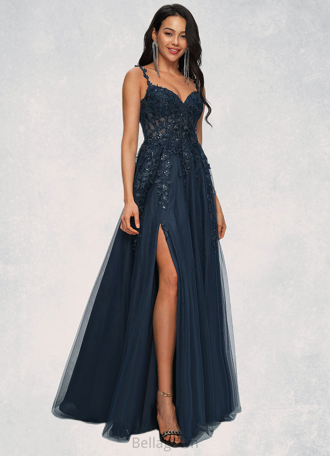 Kimberly A-line V-Neck Floor-Length Tulle Prom Dresses With Sequins DNP0022224