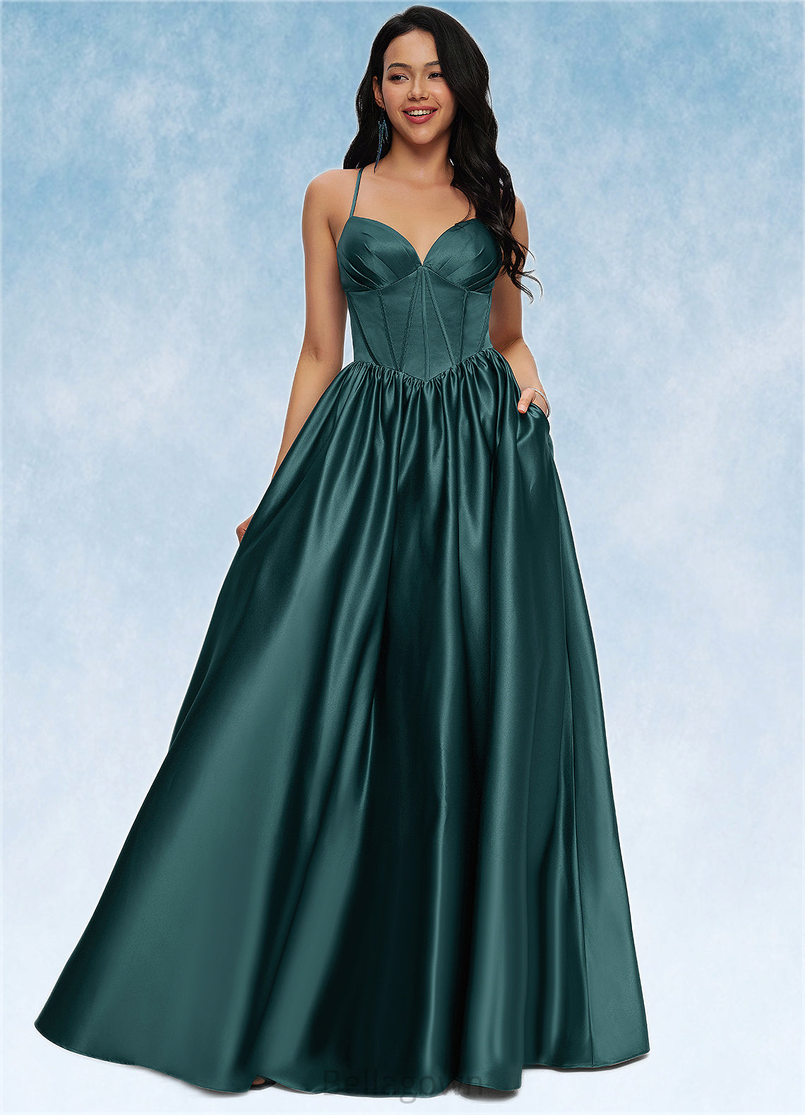 Piper Ball-Gown/Princess V-Neck Floor-Length Satin Prom Dresses With Pleated DNP0022230