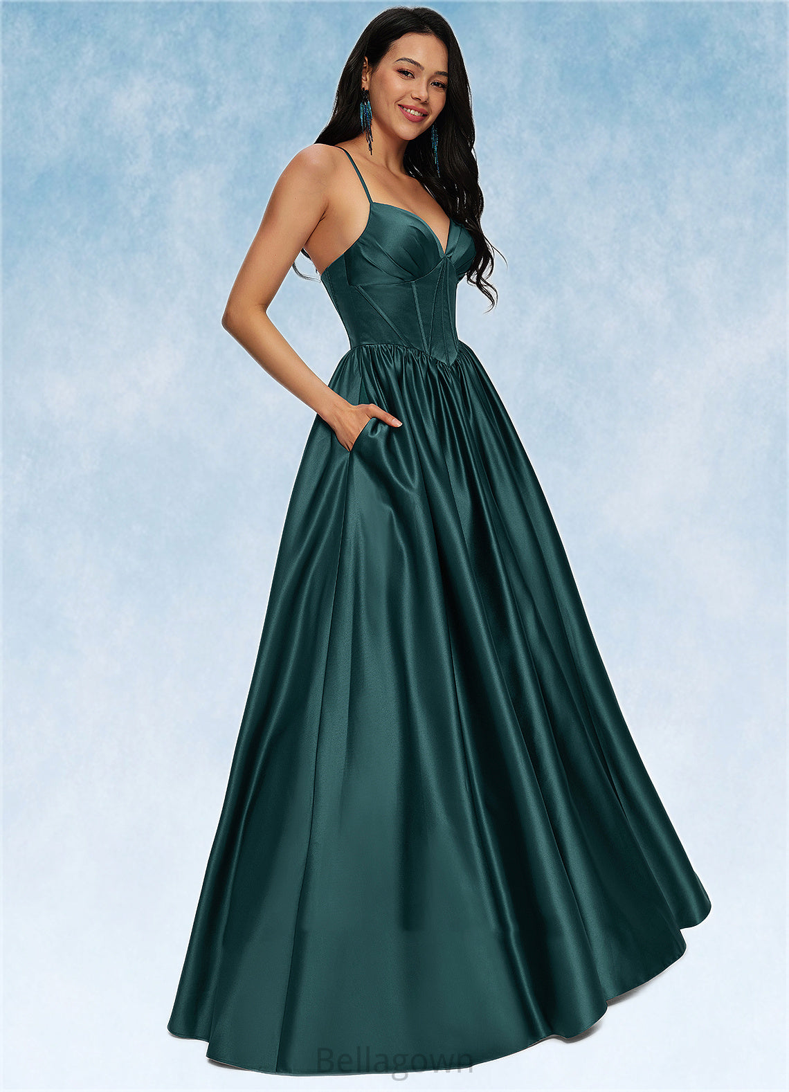 Piper Ball-Gown/Princess V-Neck Floor-Length Satin Prom Dresses With Pleated DNP0022230