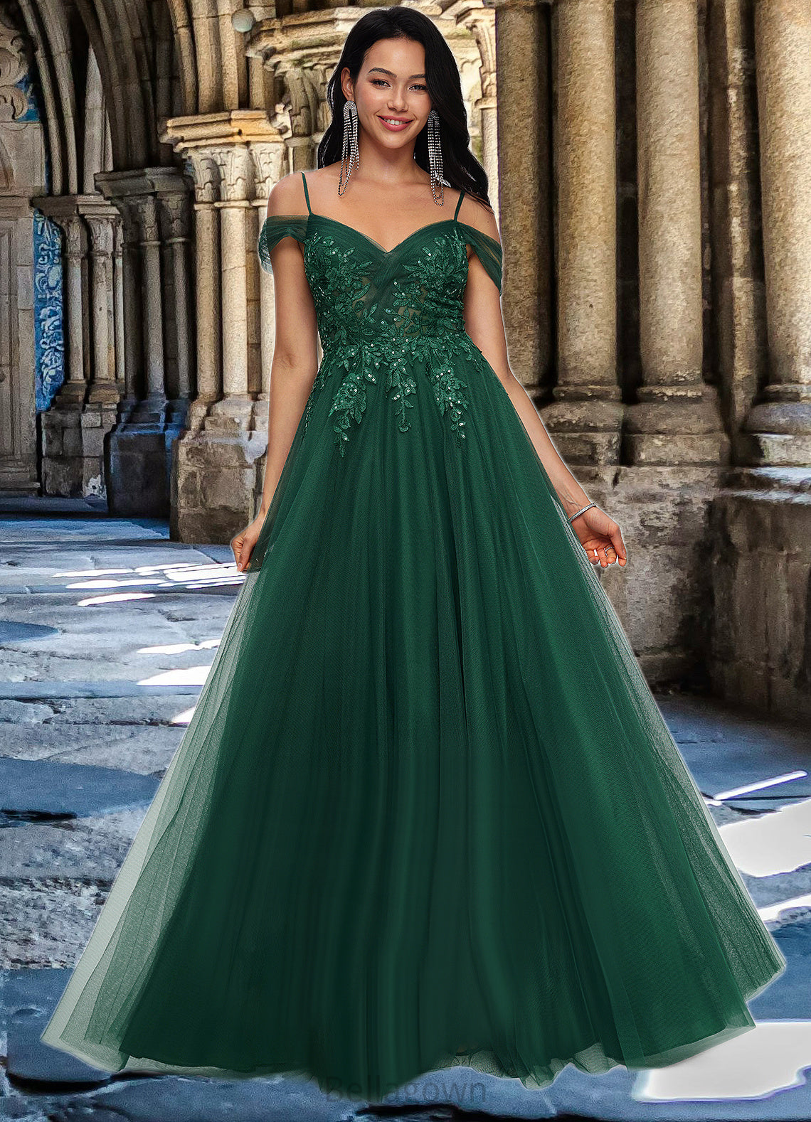 Marie A-line Off the Shoulder Floor-Length Tulle Prom Dresses With Appliques Lace Sequins DNP0022231