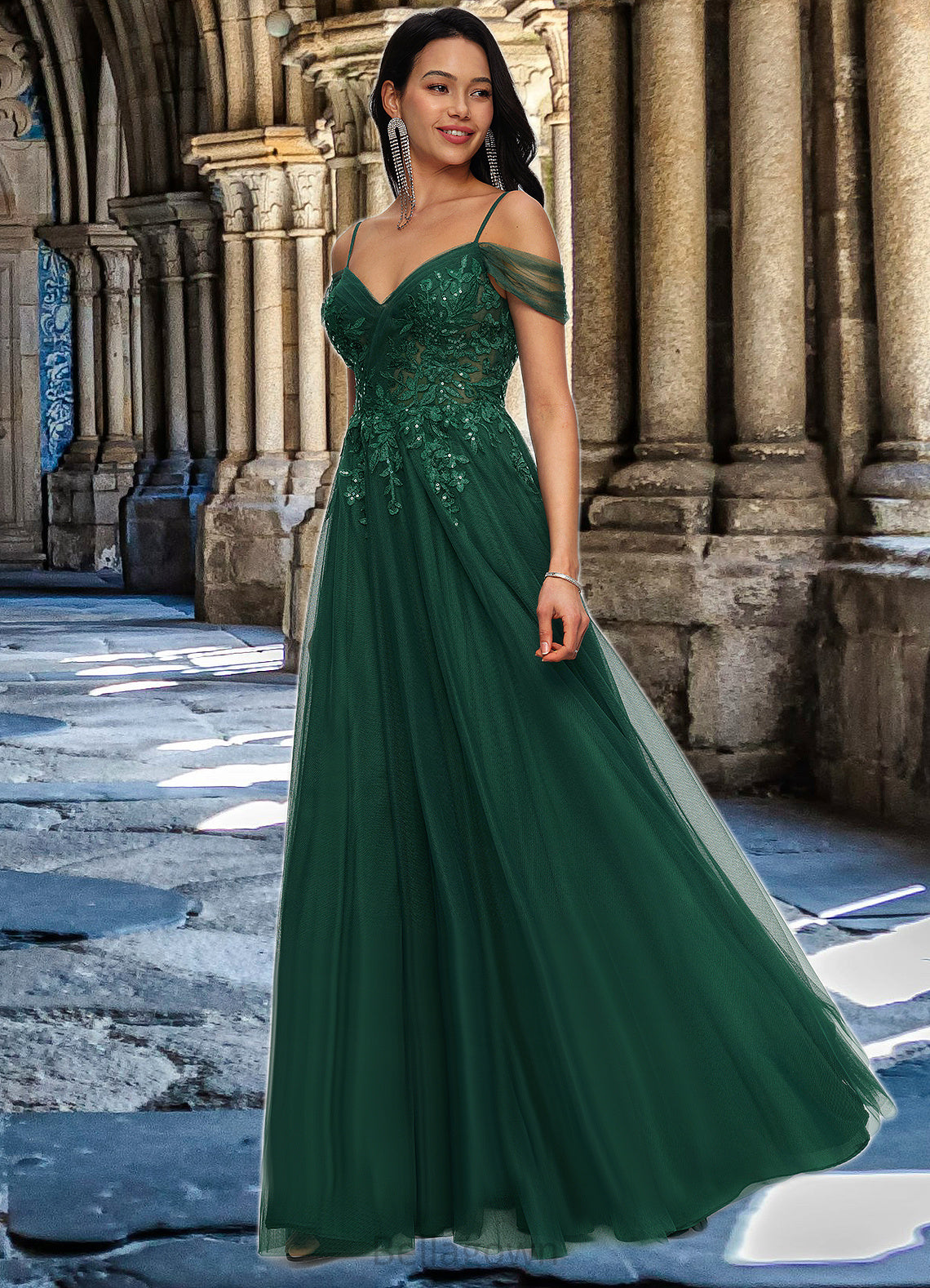 Marie A-line Off the Shoulder Floor-Length Tulle Prom Dresses With Appliques Lace Sequins DNP0022231