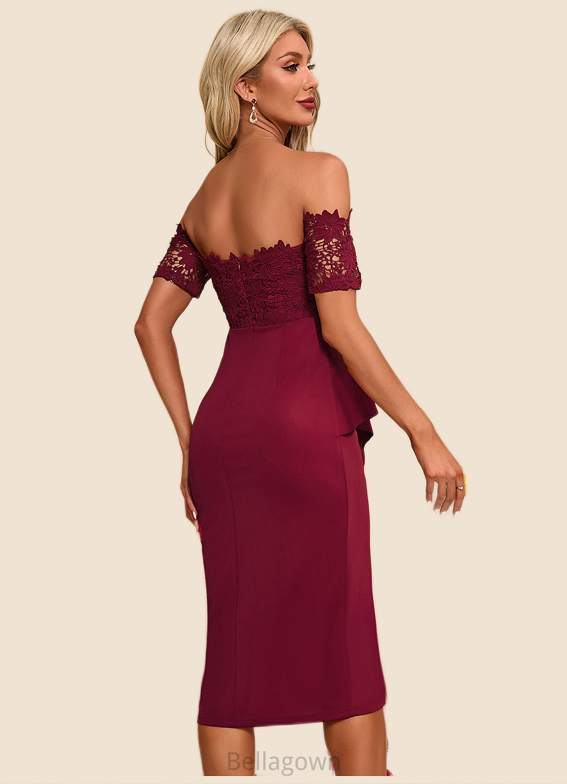 Yareli Flower Ruffle Off the Shoulder Elegant Sheath/Column Lace Polyester Asymmetrical Dresses DNP0022276