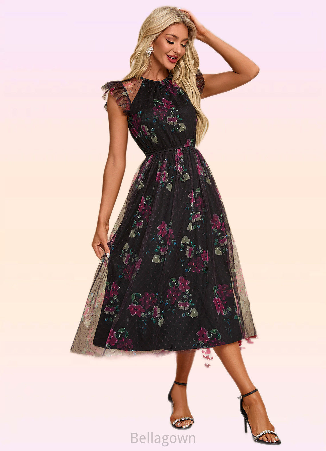 Asia Floral Print Scoop Elegant A-line Tulle Midi Dresses DNP0022277