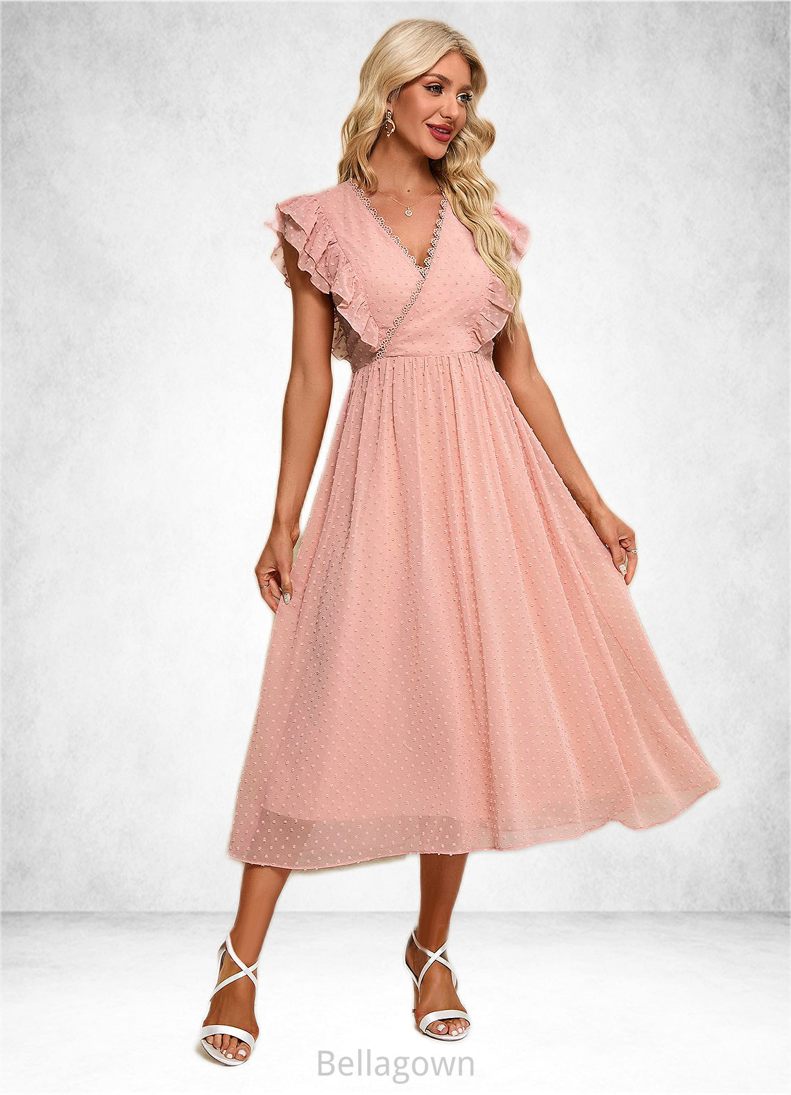 Abbey Jacquard V-Neck Elegant A-line Chiffon Midi Dresses DNP0022278