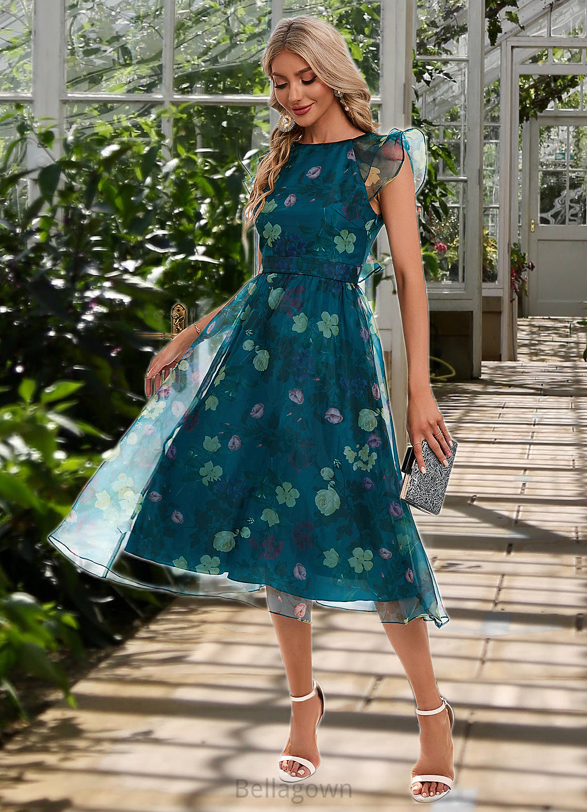 Janiya Floral Print Scoop Elegant A-line Organza Midi Dresses DNP0022318