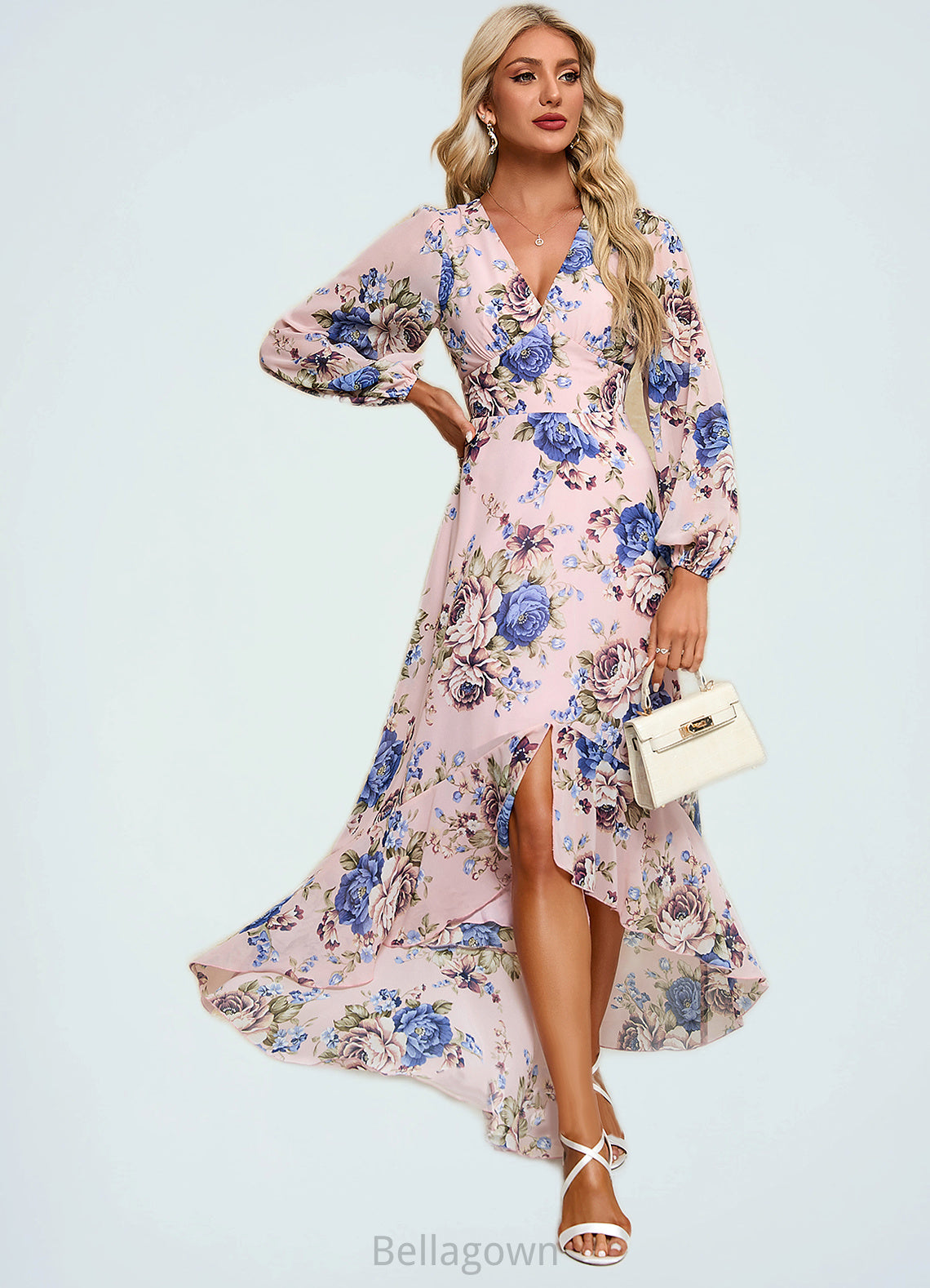 Ashleigh Ruffle Floral Print V-Neck Elegant A-line Chiffon Asymmetrical Dresses DNP0022327