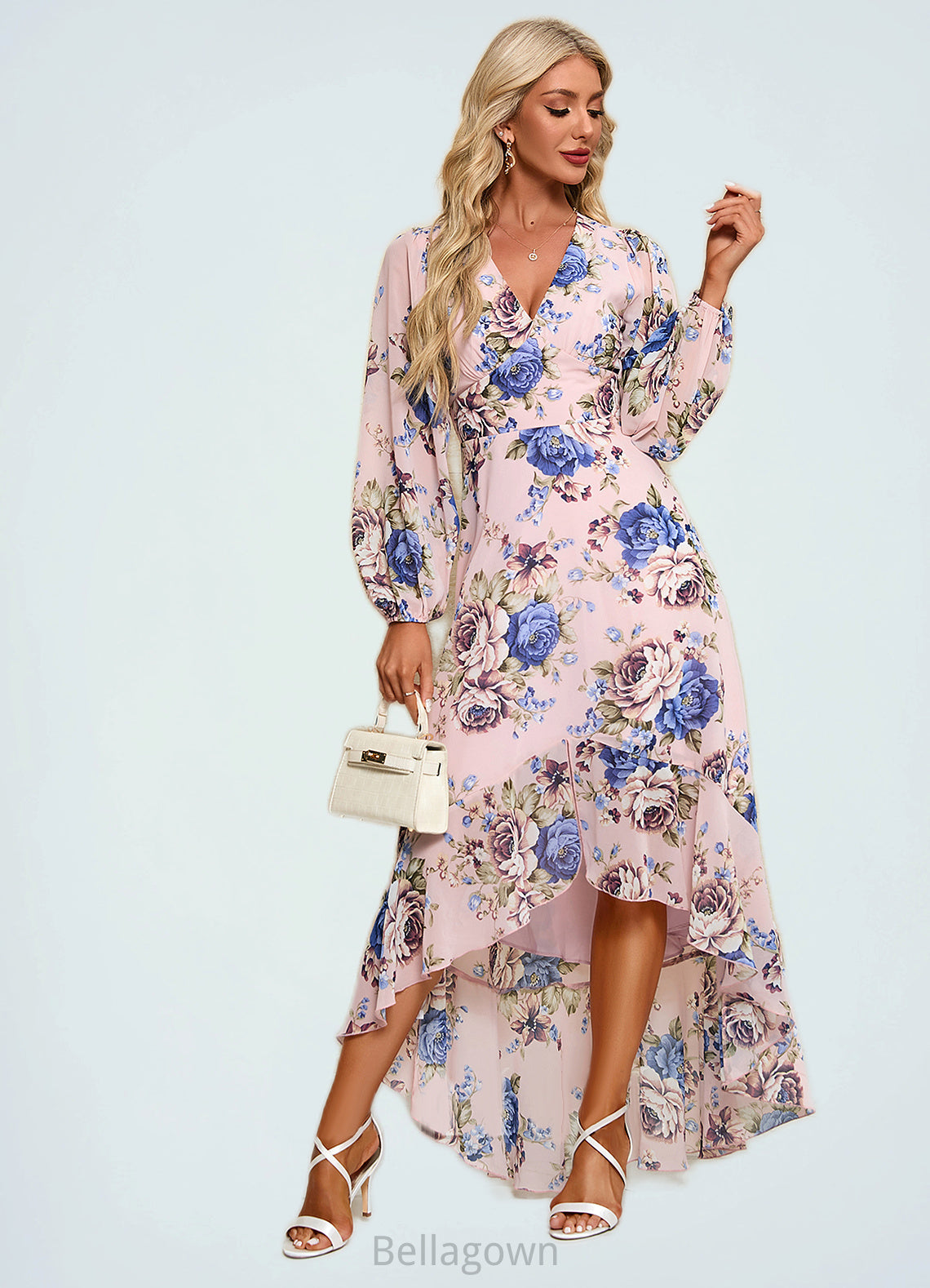 Ashleigh Ruffle Floral Print V-Neck Elegant A-line Chiffon Asymmetrical Dresses DNP0022327