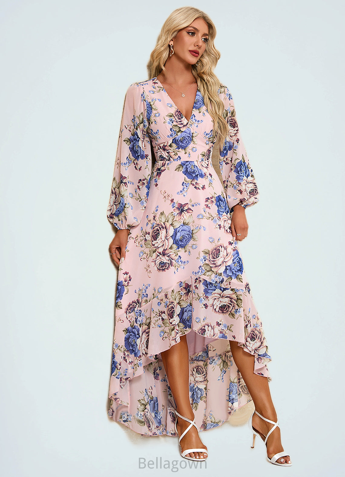 Ashleigh Ruffle Floral Print V-Neck Elegant A-line Chiffon Asymmetrical Dresses DNP0022327