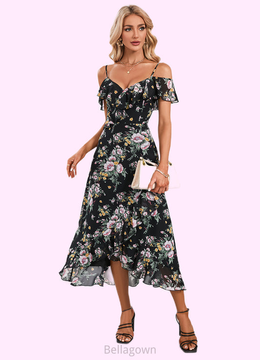 Dania Floral Print Cold Shoulder Elegant A-line Chiffon Asymmetrical Dresses DNP0022369