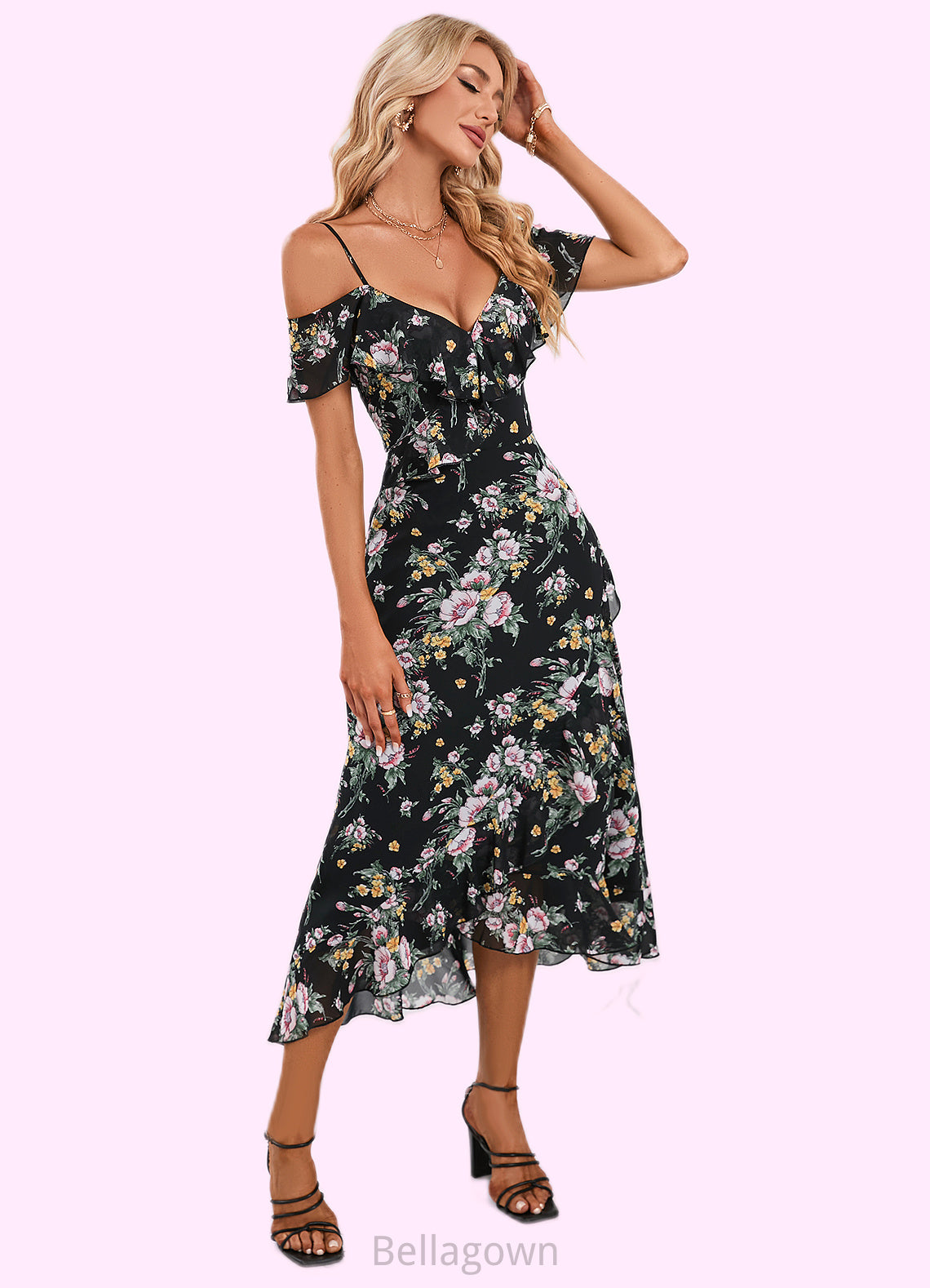 Dania Floral Print Cold Shoulder Elegant A-line Chiffon Asymmetrical Dresses DNP0022369