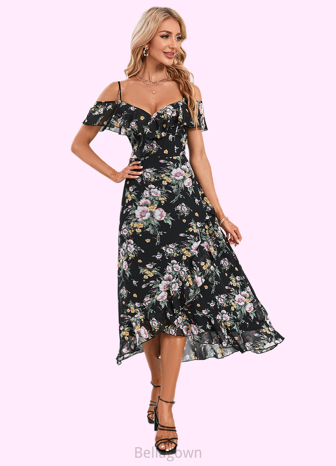 Dania Floral Print Cold Shoulder Elegant A-line Chiffon Asymmetrical Dresses DNP0022369