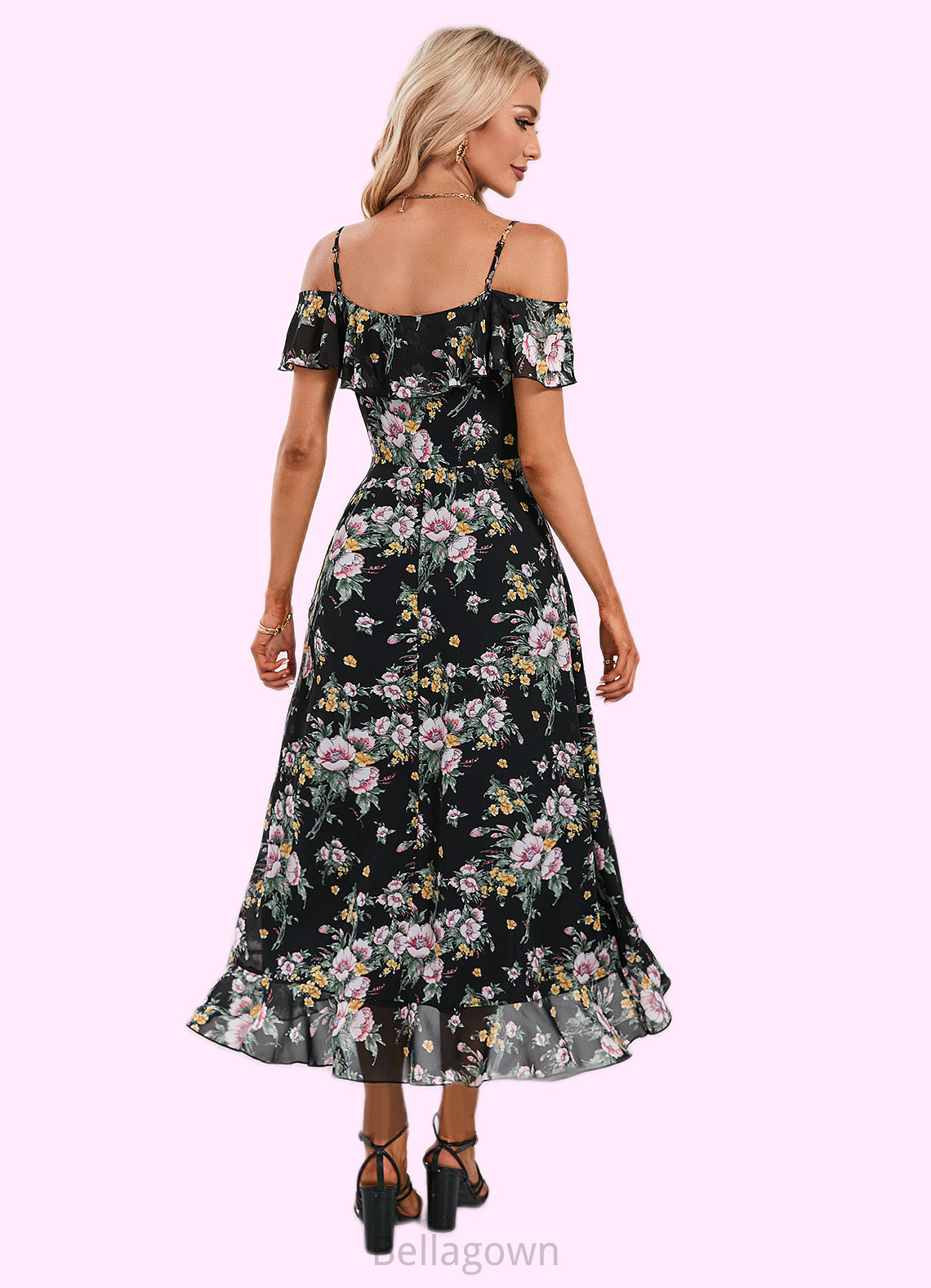 Dania Floral Print Cold Shoulder Elegant A-line Chiffon Asymmetrical Dresses DNP0022369