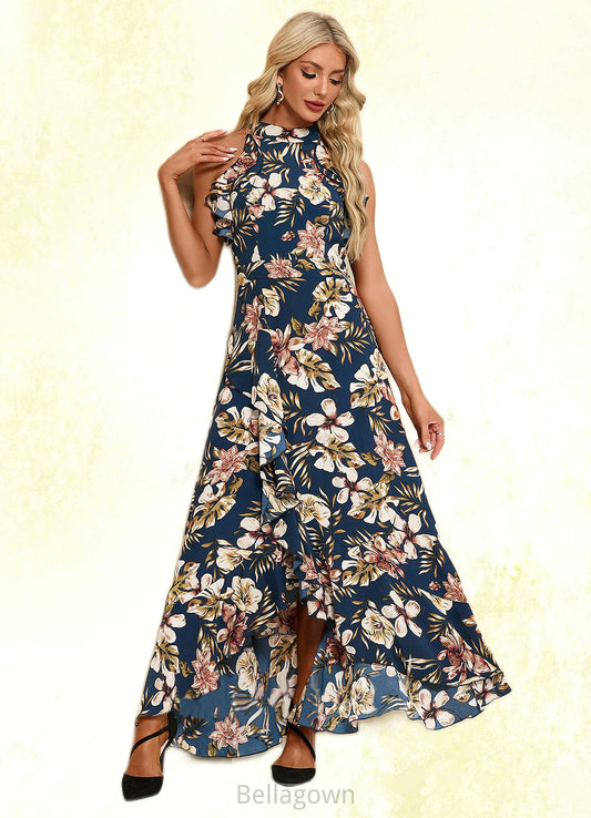 Macy Ruffle Floral Print High Neck Elegant A-line Polyester Asymmetrical Dresses DNP0022373