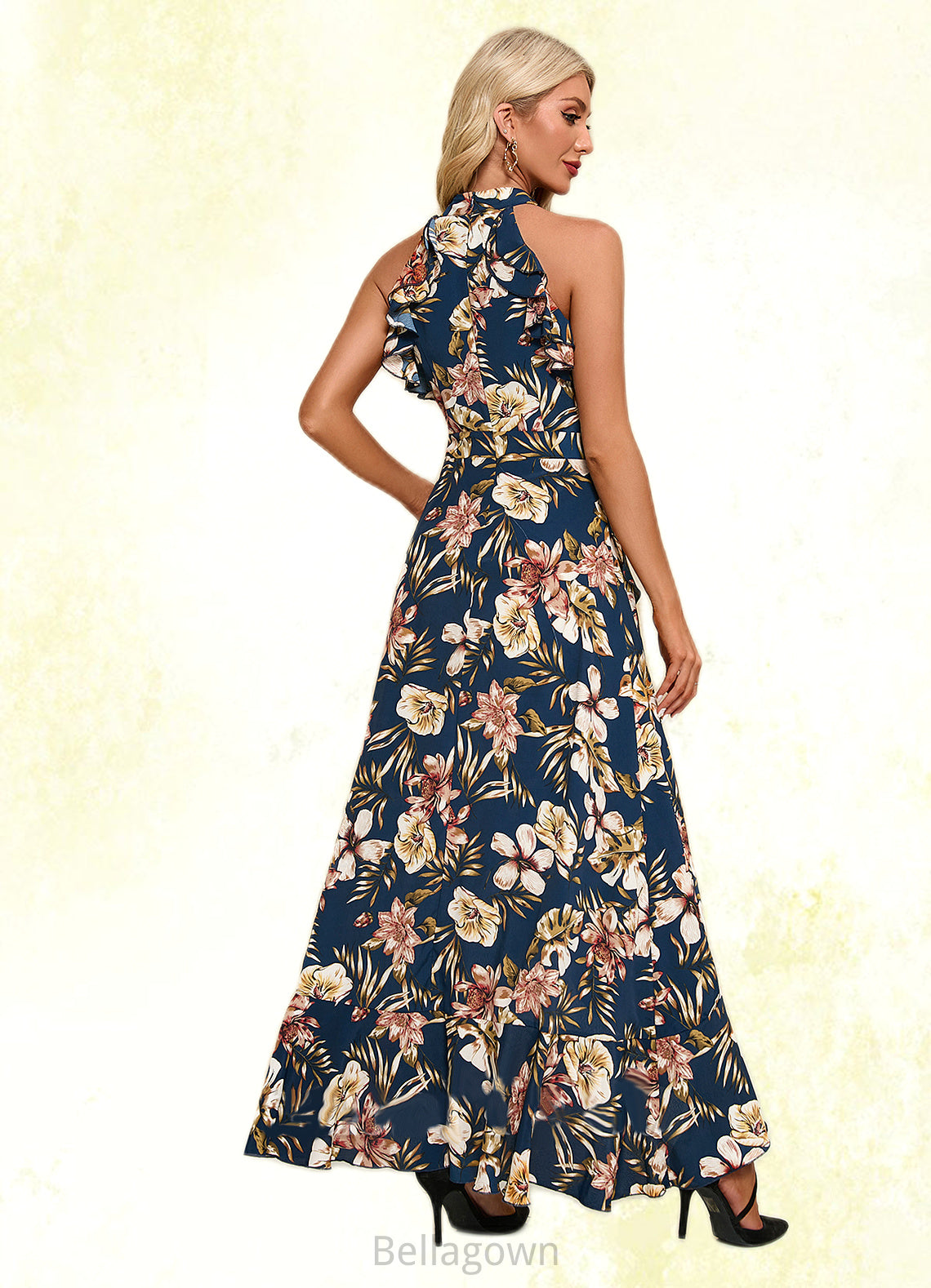 Macy Ruffle Floral Print High Neck Elegant A-line Polyester Asymmetrical Dresses DNP0022373