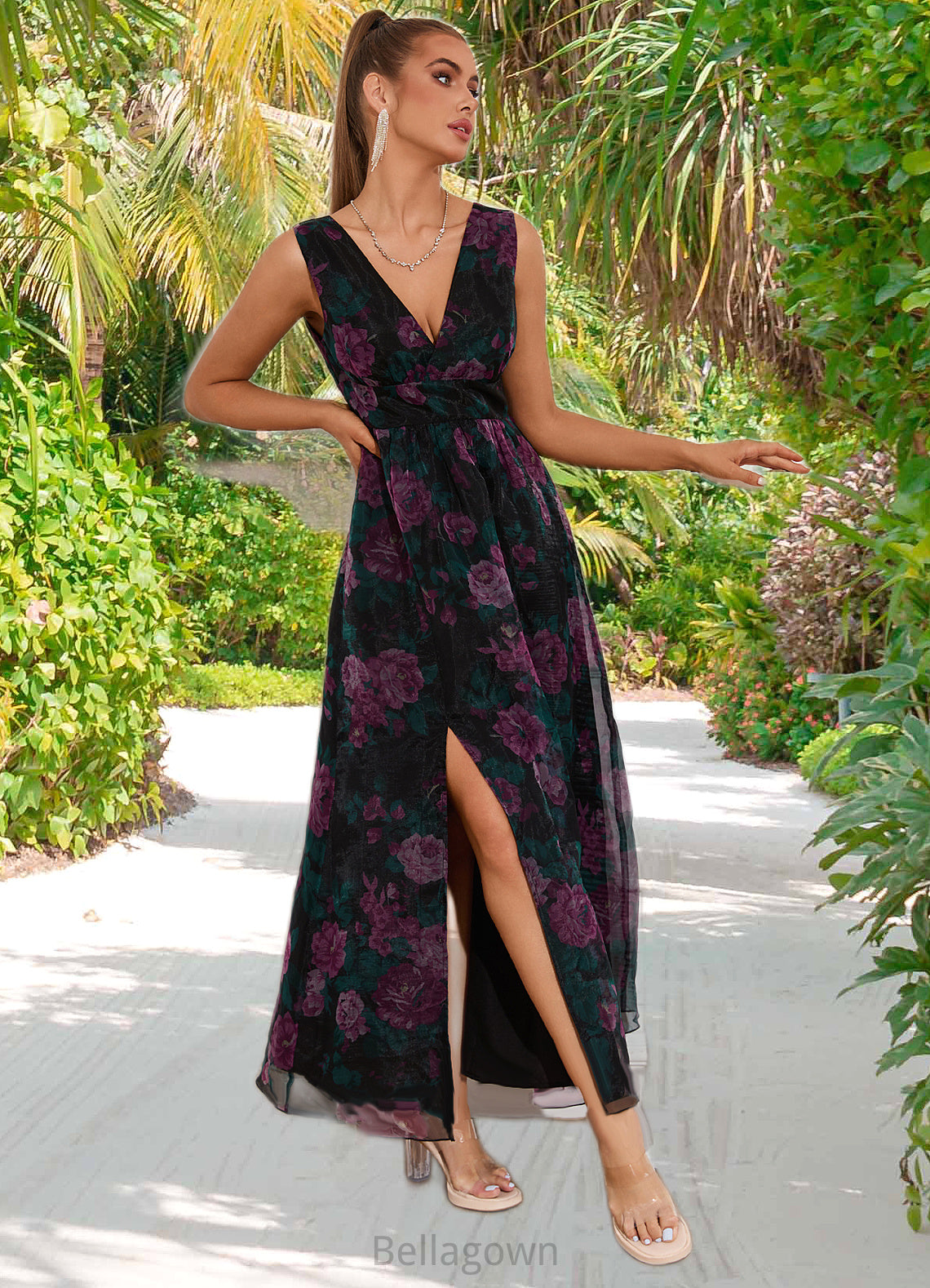 Marilyn Floral Print V-Neck Elegant A-line Organza Maxi Dresses DNP0022406