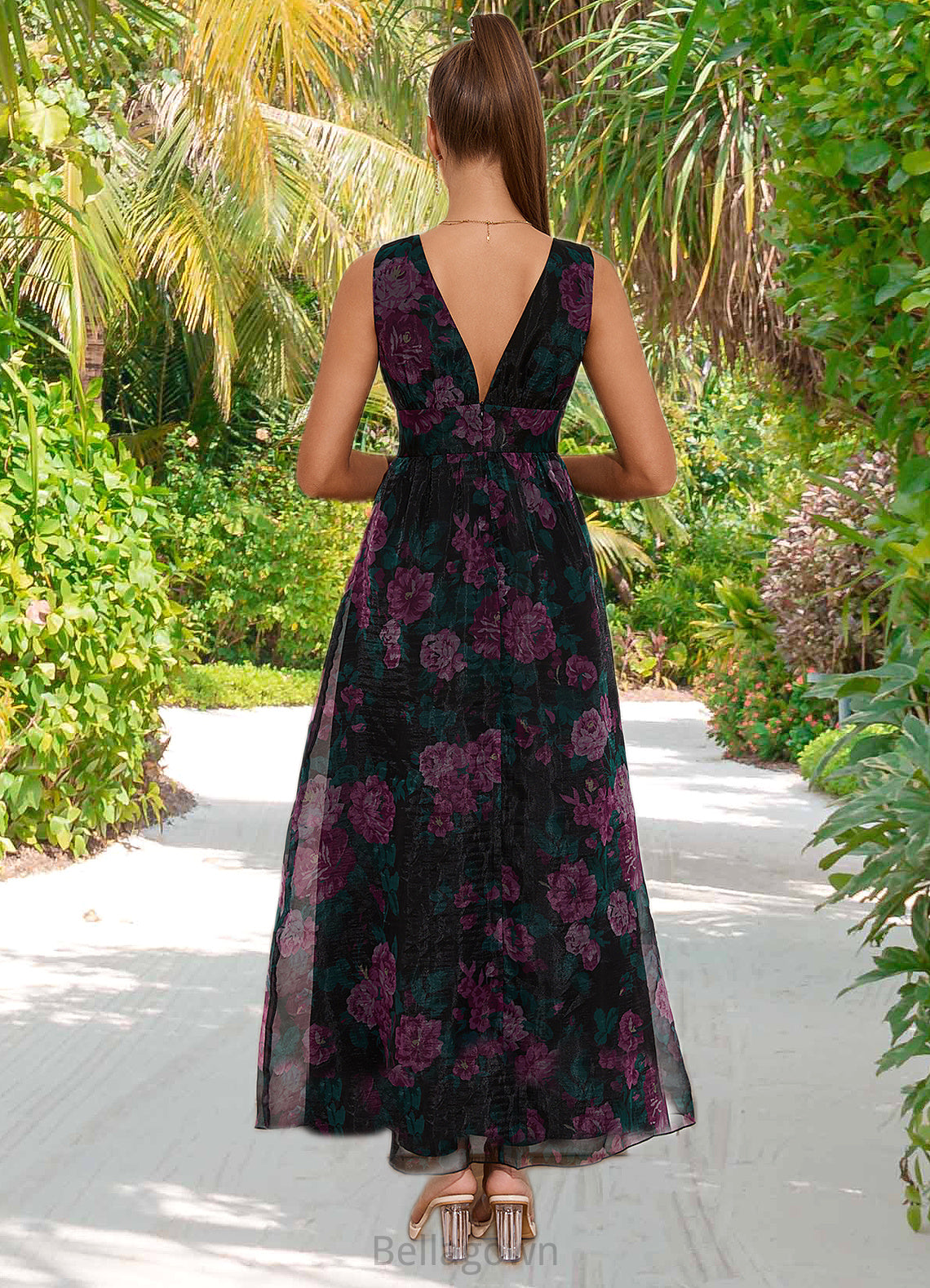 Marilyn Floral Print V-Neck Elegant A-line Organza Maxi Dresses DNP0022406