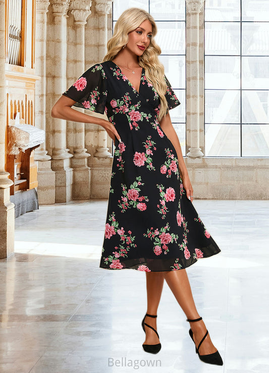 Gwendoline Floral Print V-Neck Elegant A-line Chiffon Midi Dresses DNP0022424