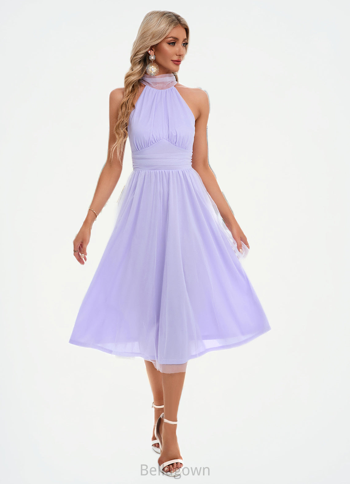 Emmalee Ruffle High Neck Sexy A-line Tulle Midi Dresses DNP0022441