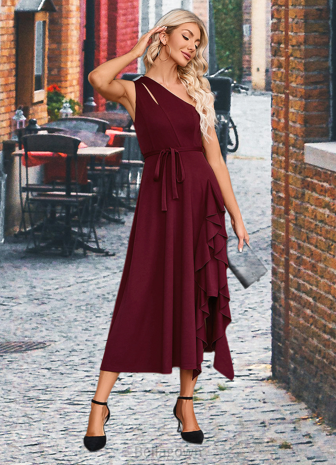 Jaylin Cascading Ruffles One Shoulder Elegant A-line Cotton Blends Maxi Dresses DNP0022445