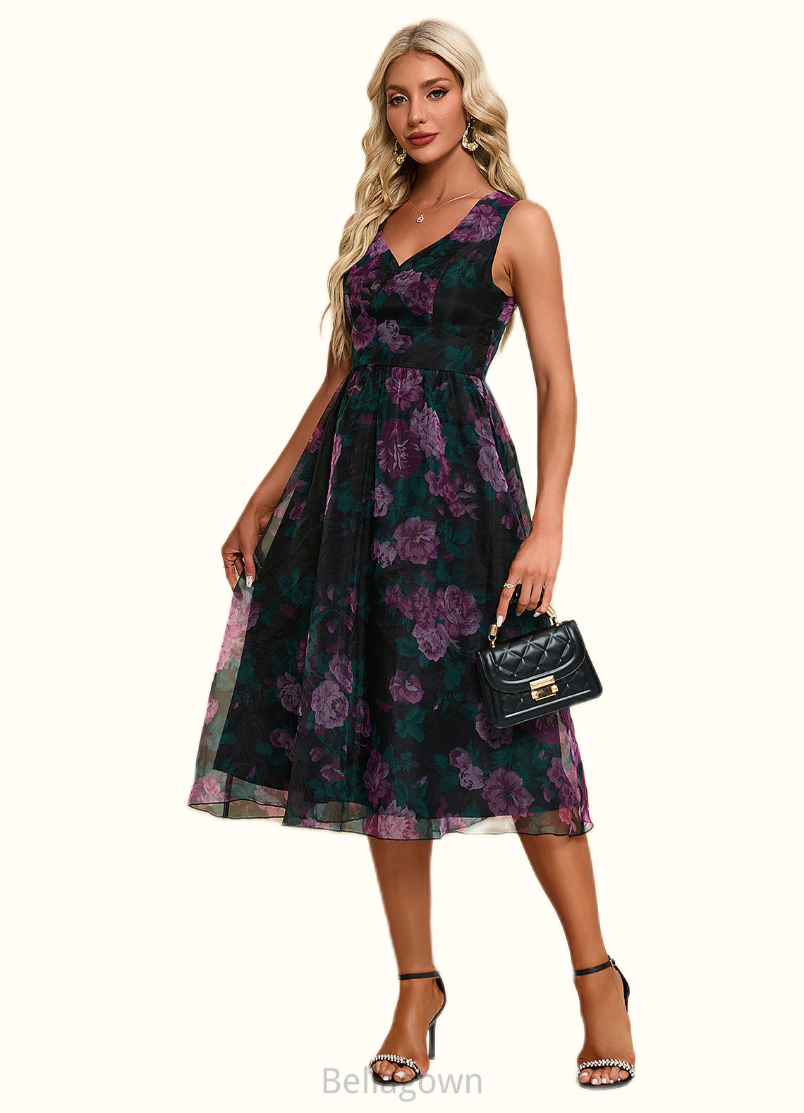 Janet Floral Print Sweetheart Elegant A-line Organza Midi Dresses DNP0022454