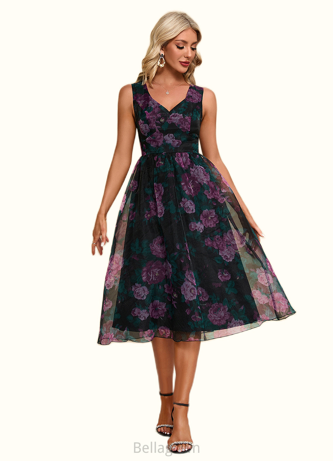 Janet Floral Print Sweetheart Elegant A-line Organza Midi Dresses DNP0022454