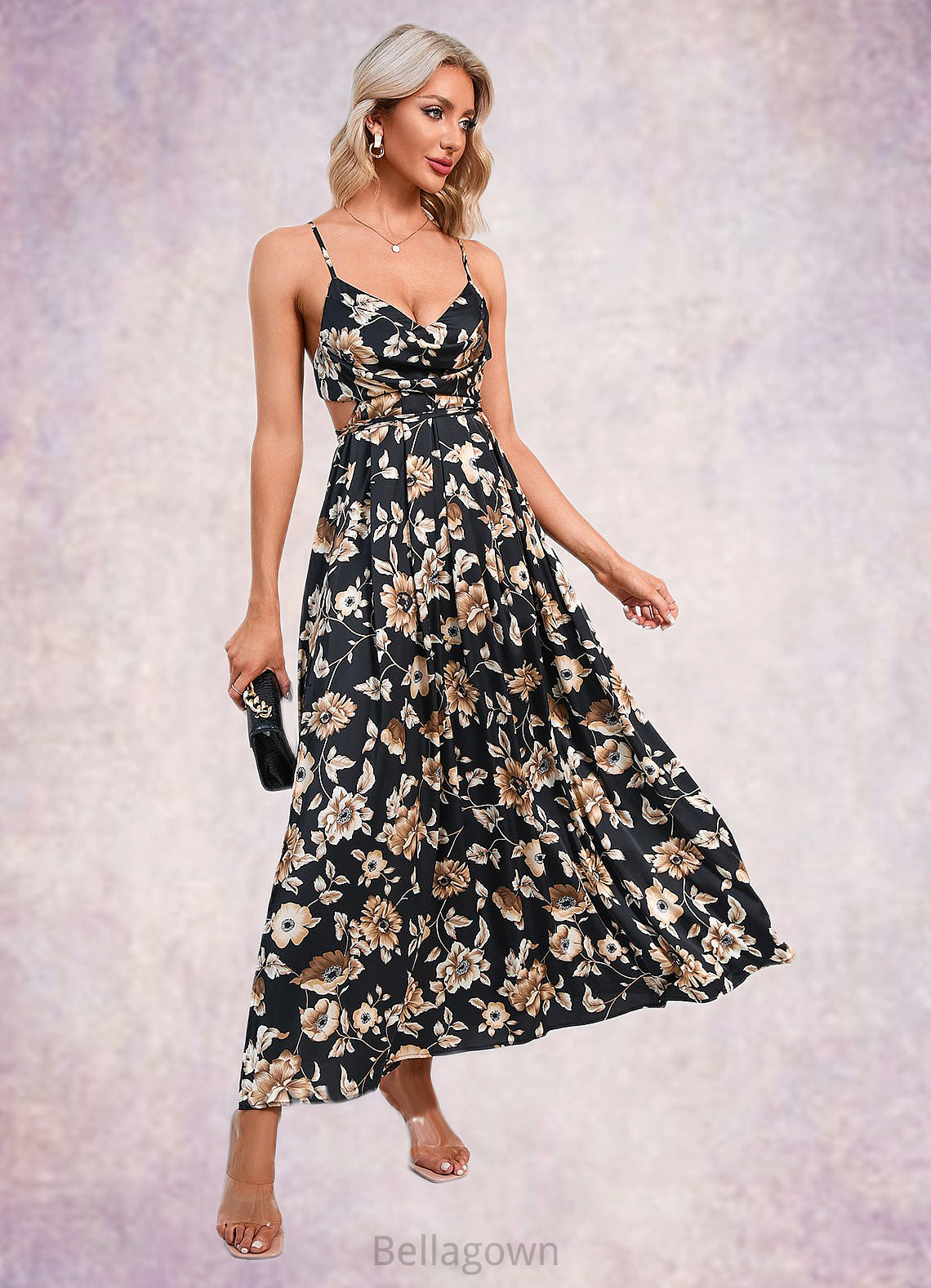 Heidy Flower Ruffle Floral Print Cowl Sexy A-line Satin Maxi Dresses DNP0022468