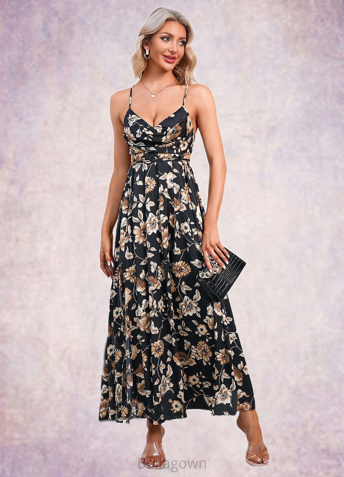 Heidy Flower Ruffle Floral Print Cowl Sexy A-line Satin Maxi Dresses DNP0022468