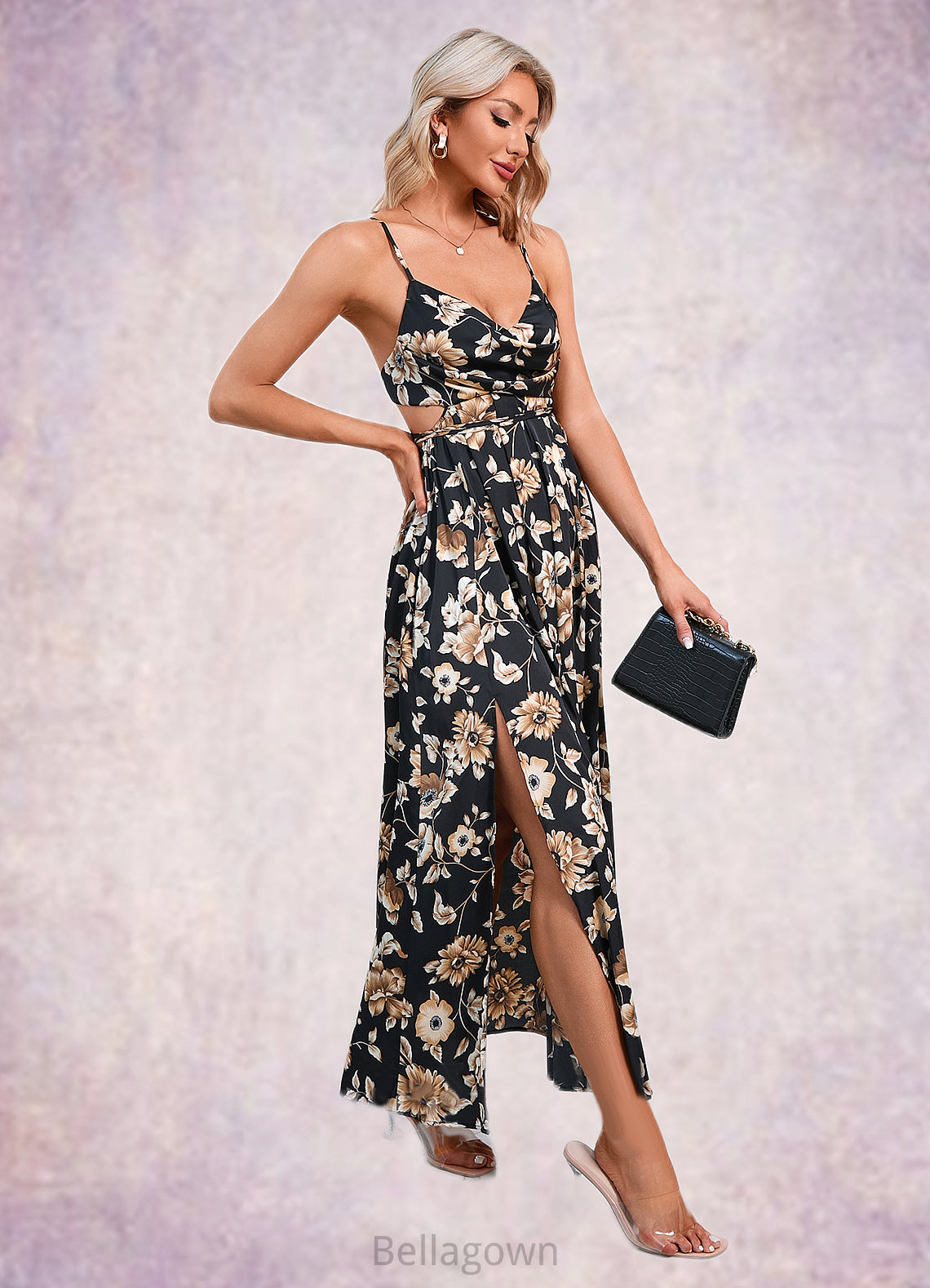 Heidy Flower Ruffle Floral Print Cowl Sexy A-line Satin Maxi Dresses DNP0022468