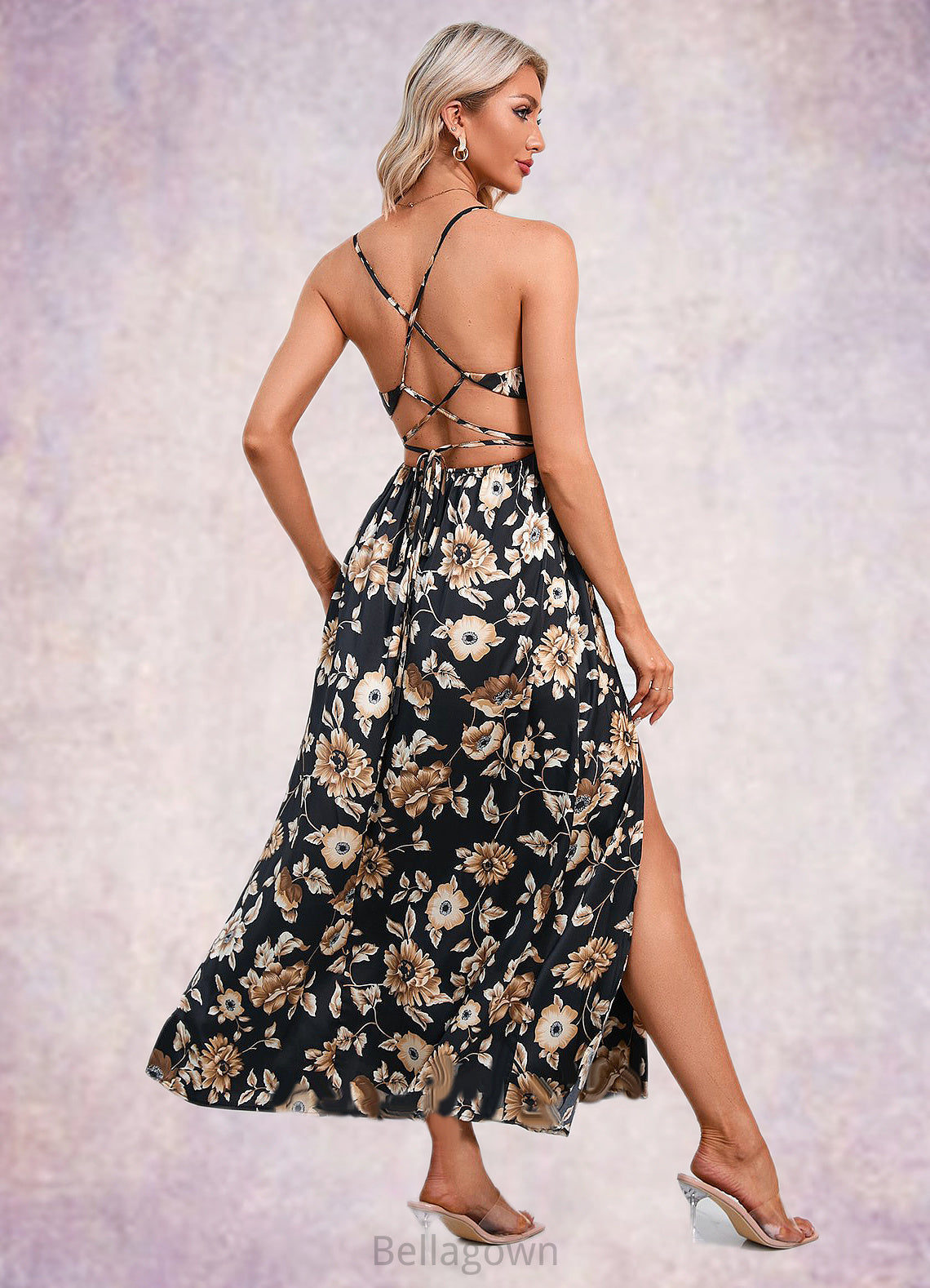 Heidy Flower Ruffle Floral Print Cowl Sexy A-line Satin Maxi Dresses DNP0022468