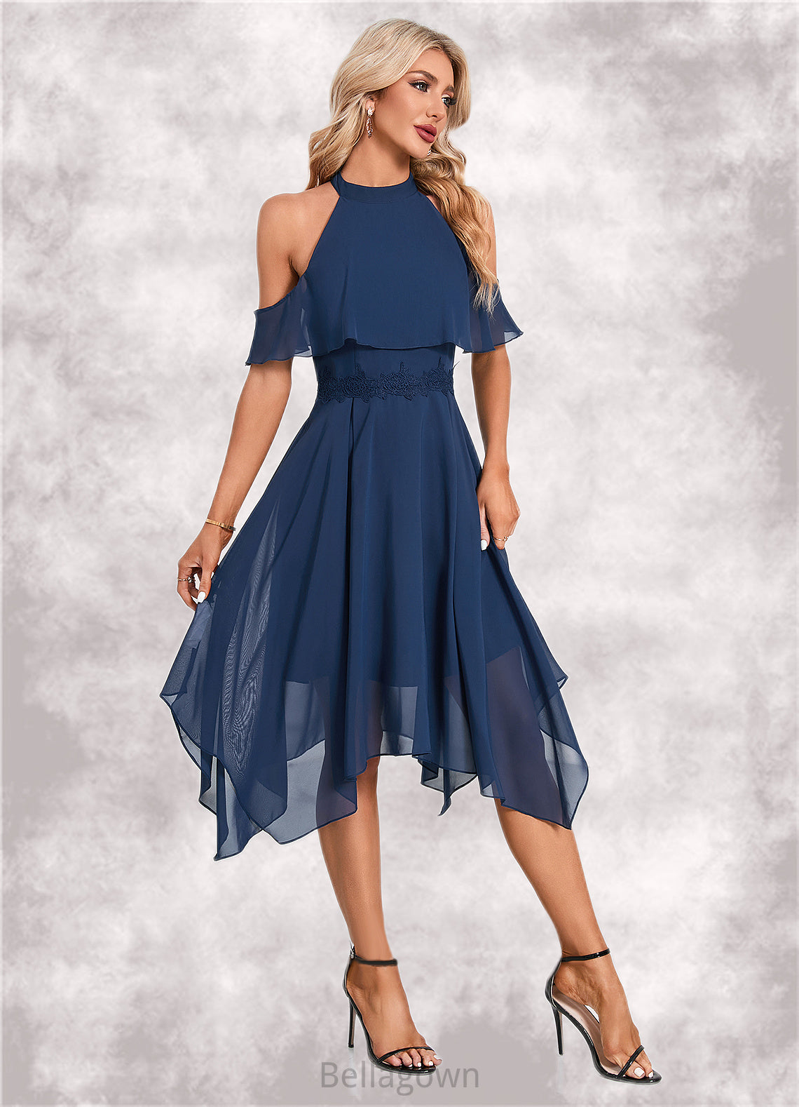 Jakayla Appliques Lace Off the Shoulder Elegant A-line Chiffon Asymmetrical Dresses DNP0022489