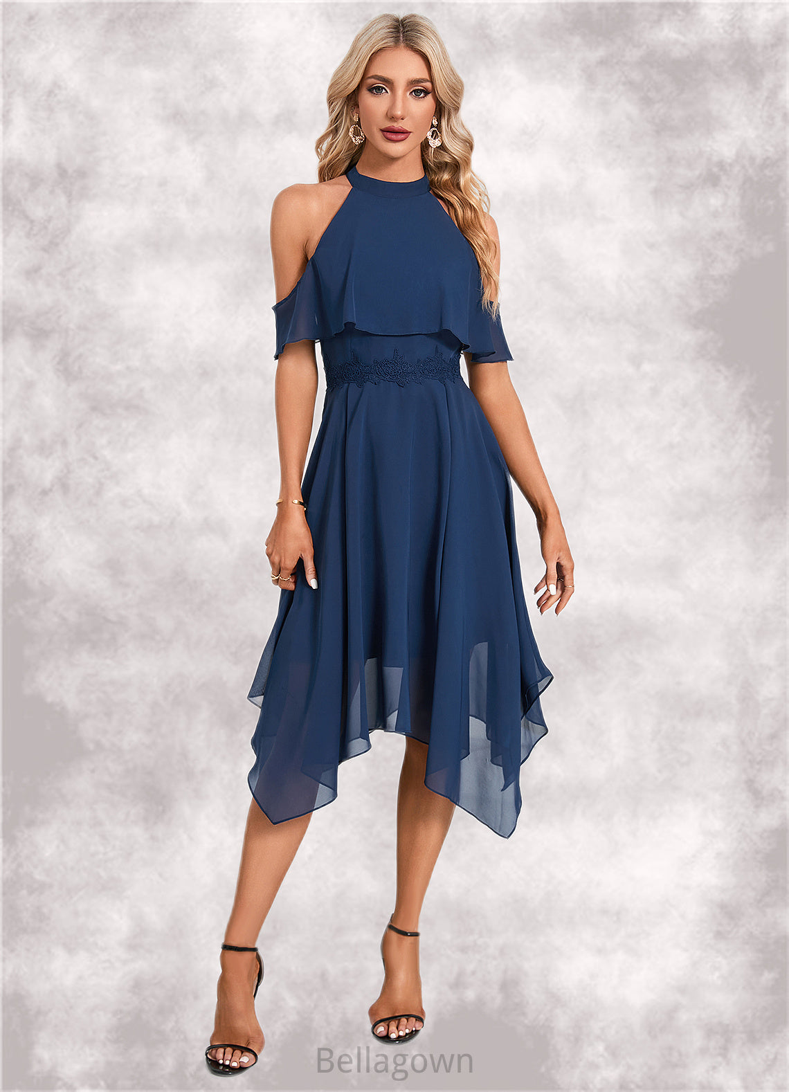 Jakayla Appliques Lace Off the Shoulder Elegant A-line Chiffon Asymmetrical Dresses DNP0022489