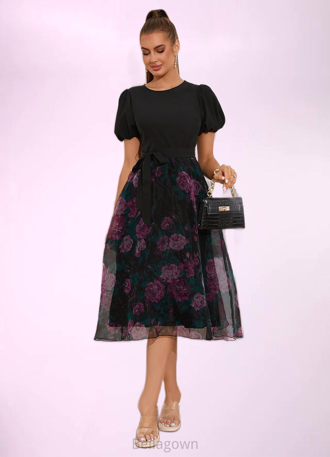 Laila Floral Print Scoop Elegant A-line Organza Midi Dresses DNP0022527