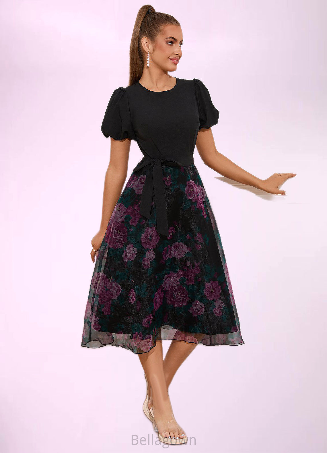 Laila Floral Print Scoop Elegant A-line Organza Midi Dresses DNP0022527