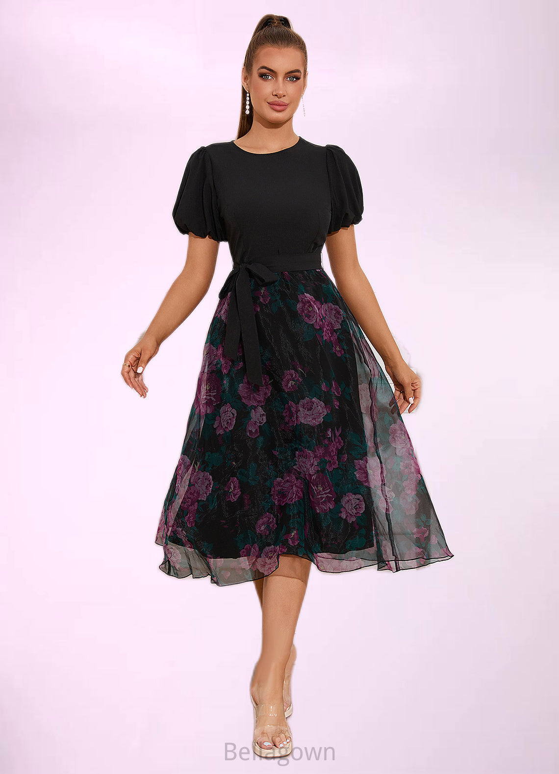 Laila Floral Print Scoop Elegant A-line Organza Midi Dresses DNP0022527