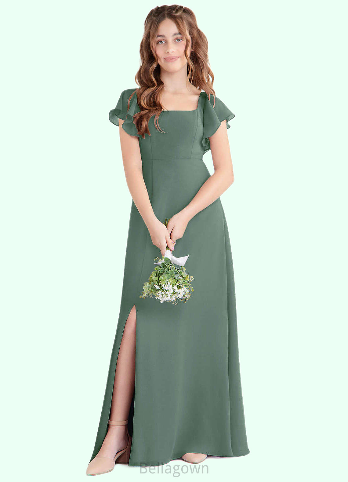 Lindsay A-Line Bow Chiffon Floor-Length Junior Bridesmaid Dress Eucalyptus DNP0022847