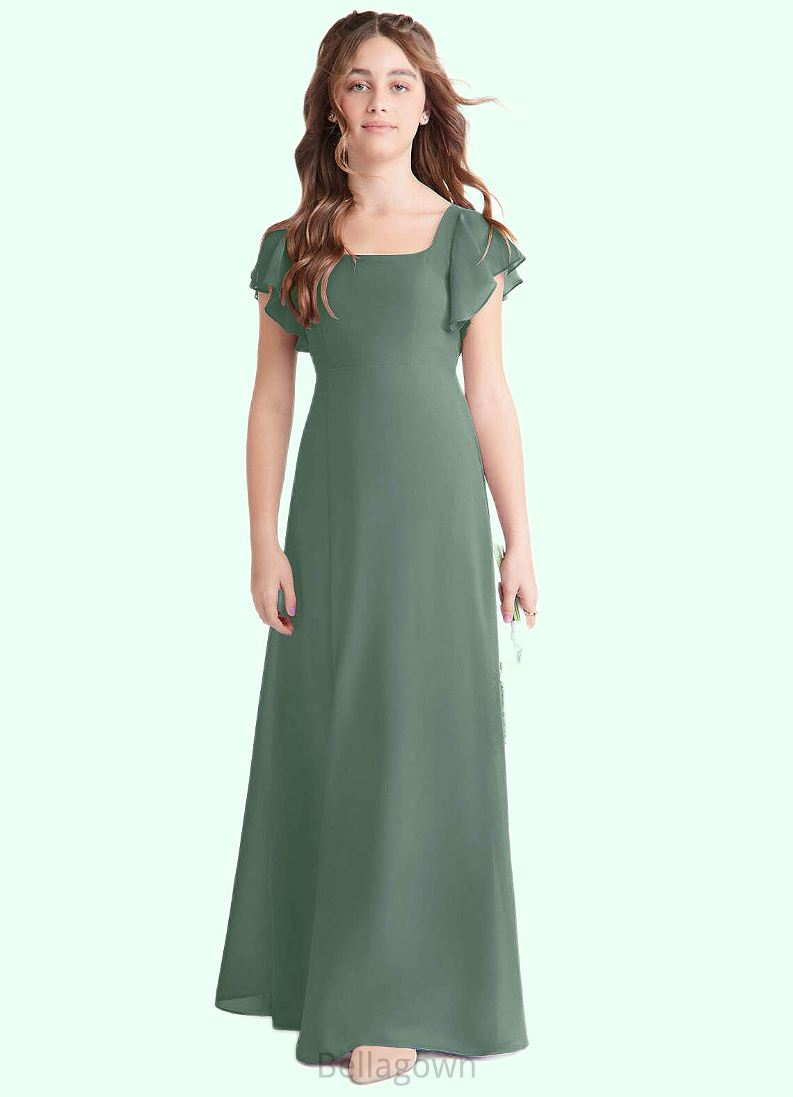 Lindsay A-Line Bow Chiffon Floor-Length Junior Bridesmaid Dress Eucalyptus DNP0022847