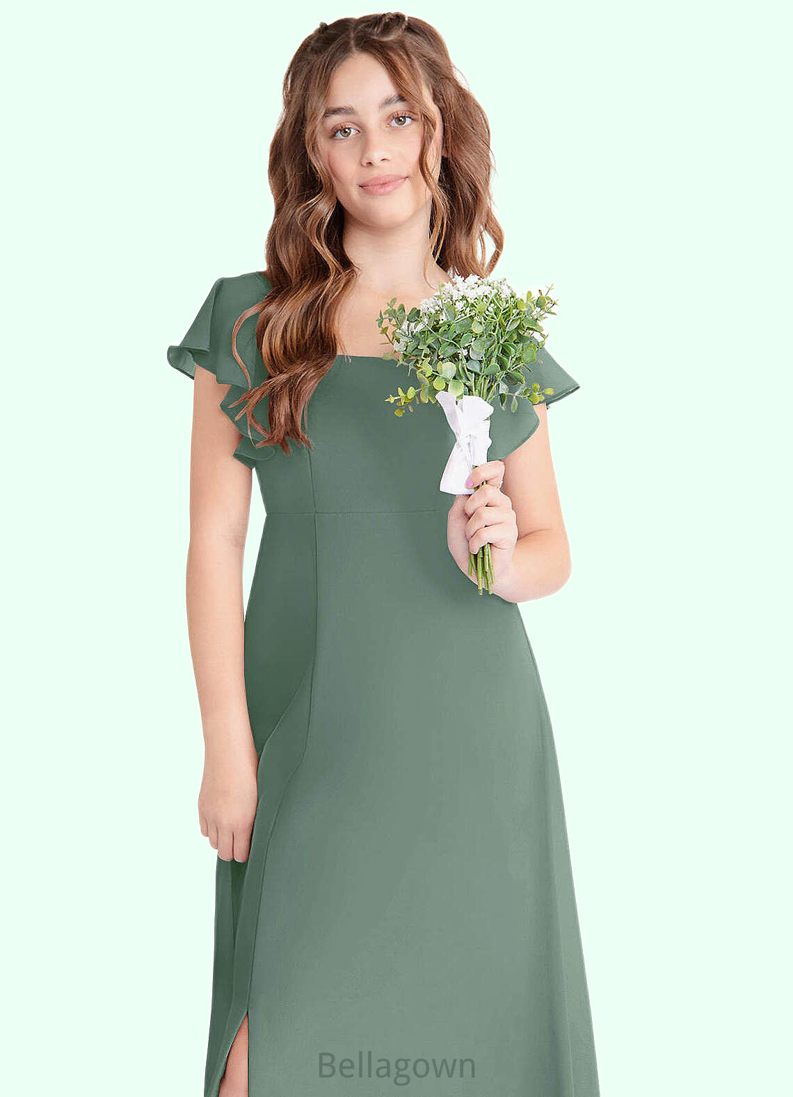 Lindsay A-Line Bow Chiffon Floor-Length Junior Bridesmaid Dress Eucalyptus DNP0022847