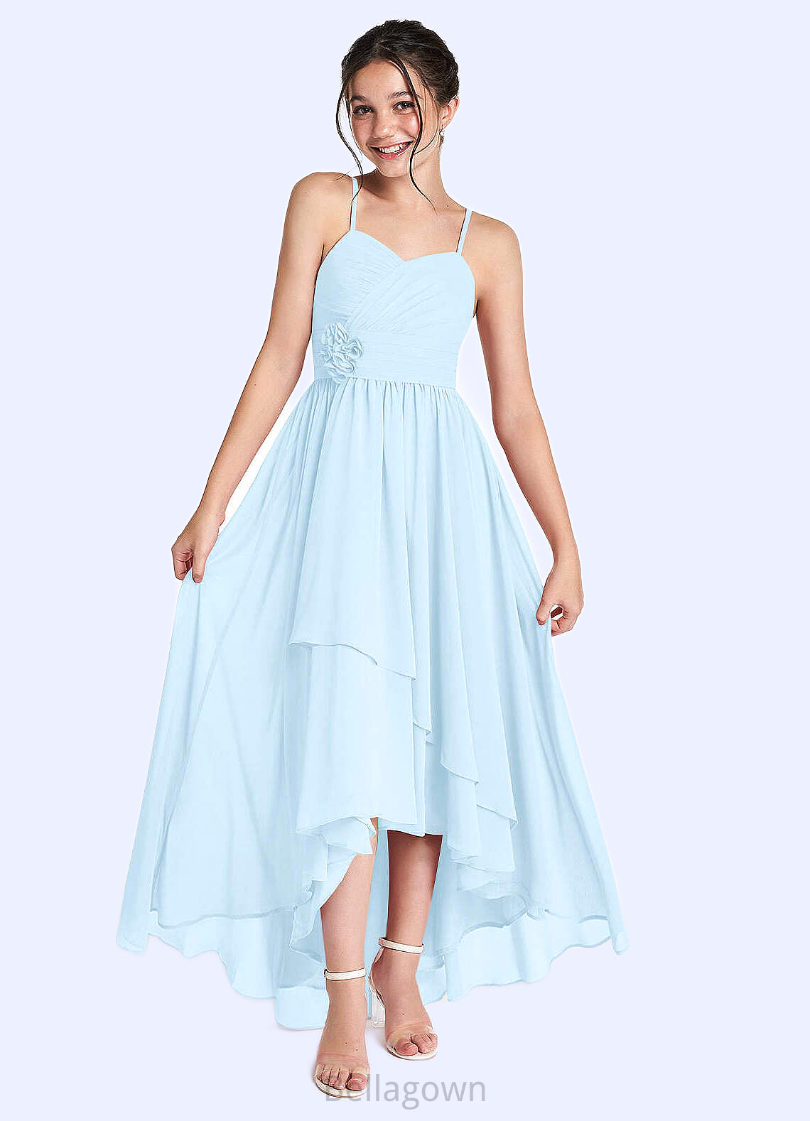 Kiley A-Line Ruched Chiffon Asymmetrical Junior Bridesmaid Dress Sky Blue DNP0022848