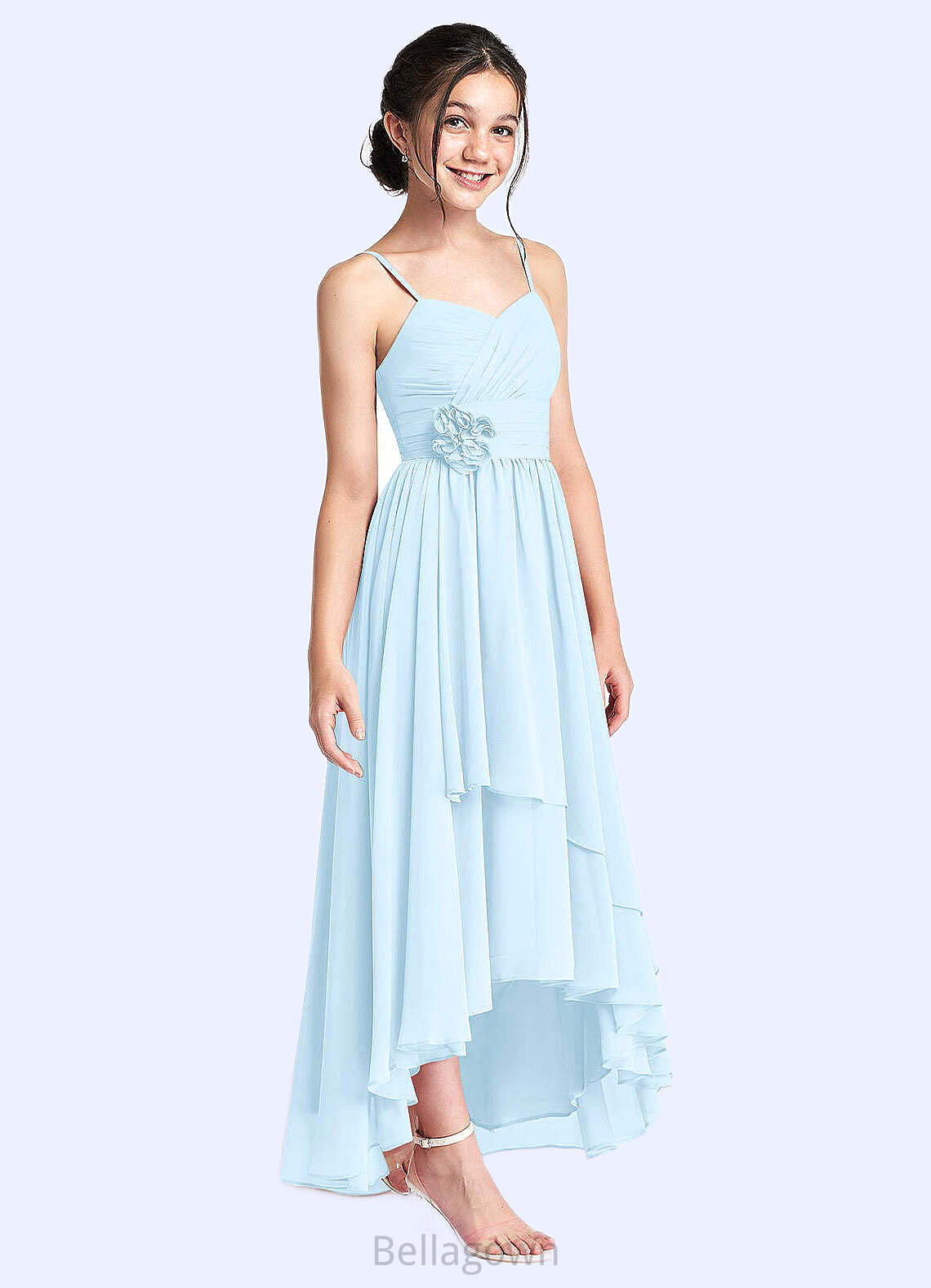 Kiley A-Line Ruched Chiffon Asymmetrical Junior Bridesmaid Dress Sky Blue DNP0022848