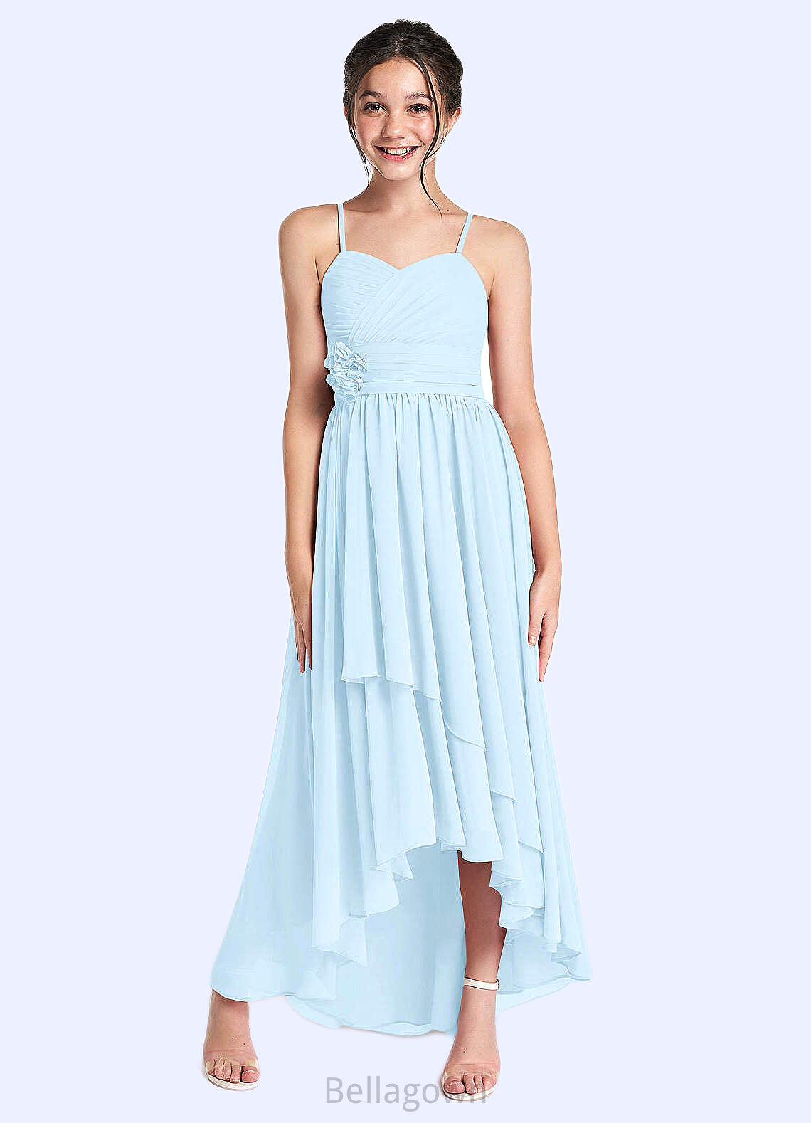 Kiley A-Line Ruched Chiffon Asymmetrical Junior Bridesmaid Dress Sky Blue DNP0022848