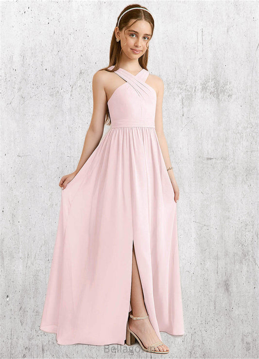 Kenya A-Line Pleated Chiffon Floor-Length Junior Bridesmaid Dress Blushing Pink DNP0022849