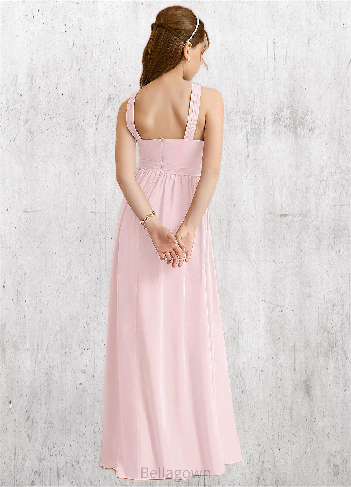 Kenya A-Line Pleated Chiffon Floor-Length Junior Bridesmaid Dress Blushing Pink DNP0022849