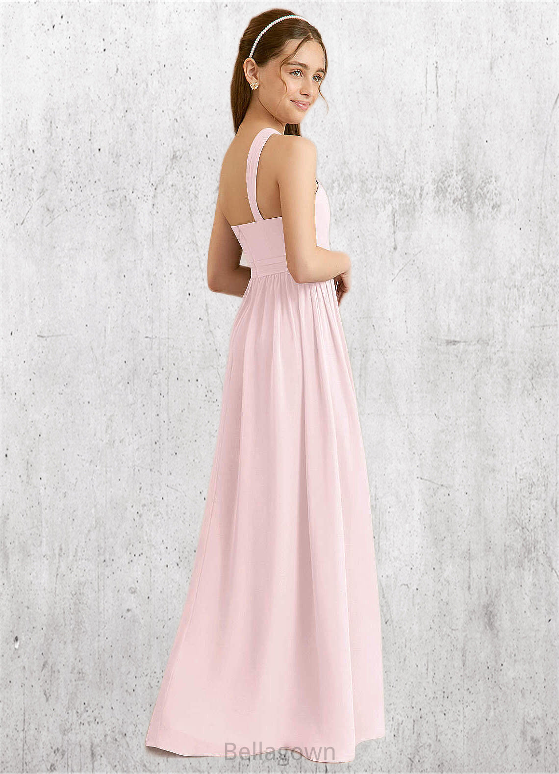 Kenya A-Line Pleated Chiffon Floor-Length Junior Bridesmaid Dress Blushing Pink DNP0022849