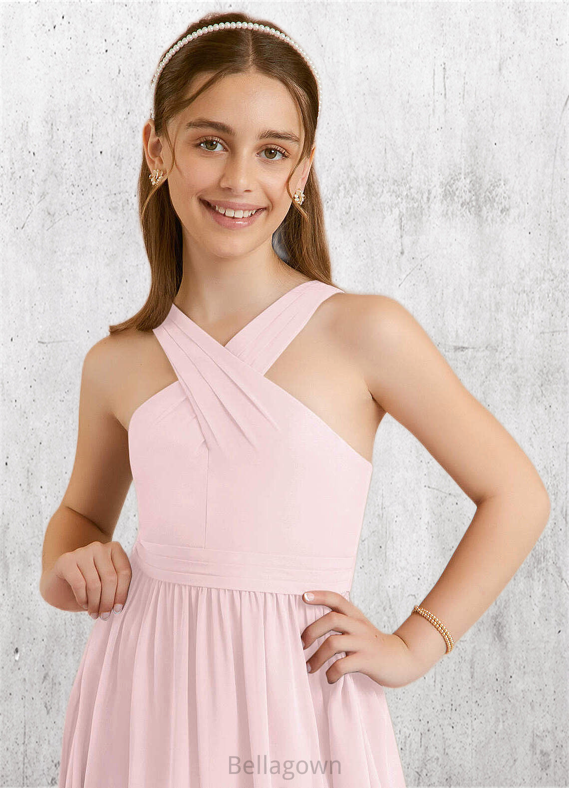 Kenya A-Line Pleated Chiffon Floor-Length Junior Bridesmaid Dress Blushing Pink DNP0022849