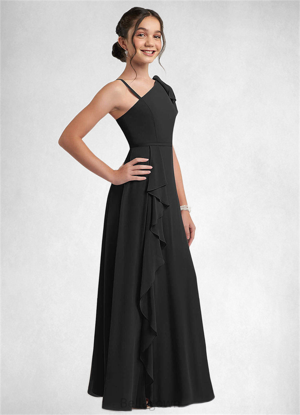 Amiya A-Line Bow Chiffon Floor-Length Junior Bridesmaid Dress black DNP0022850