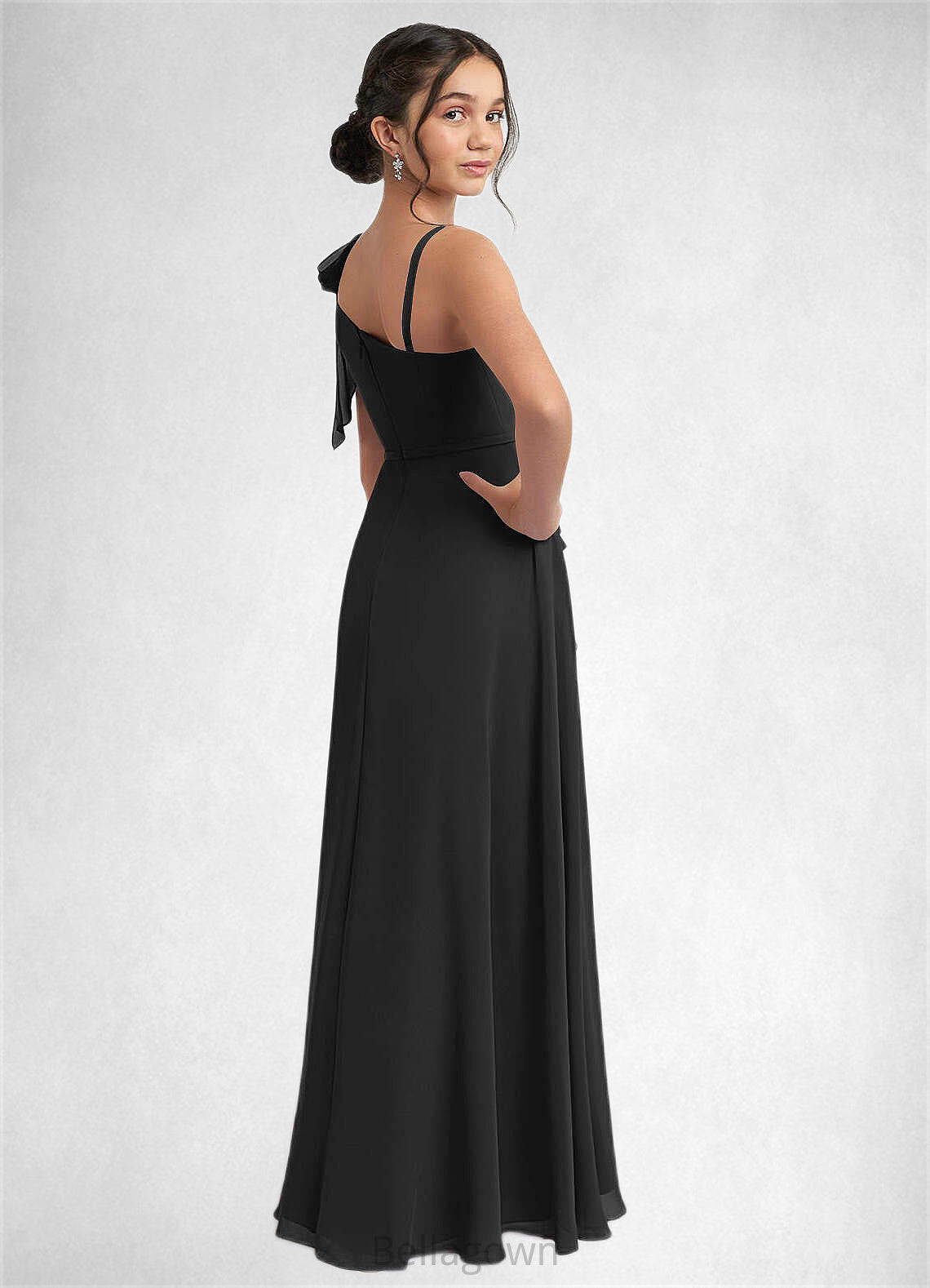 Amiya A-Line Bow Chiffon Floor-Length Junior Bridesmaid Dress black DNP0022850