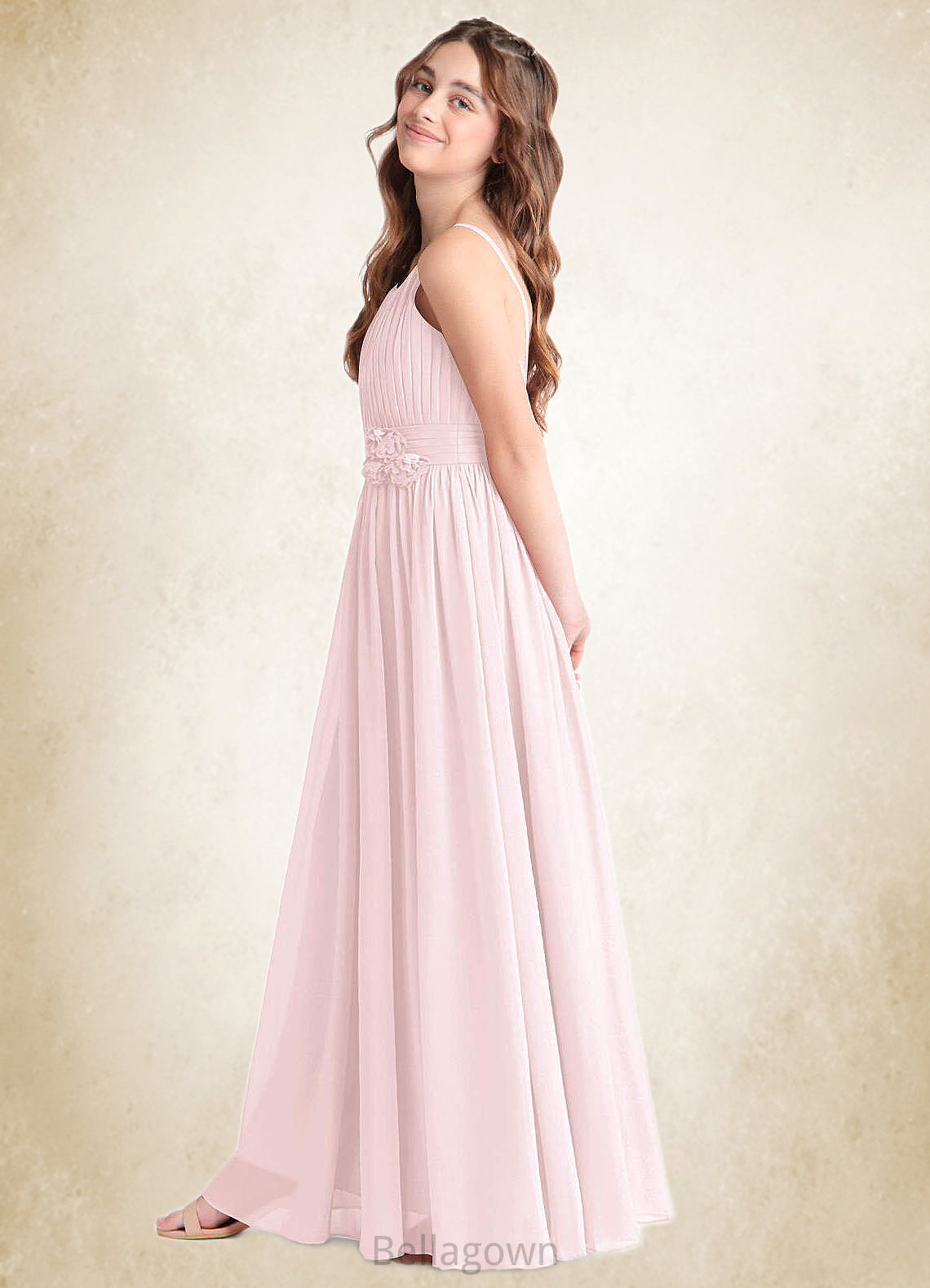 Lea A-Line Floral Chiffon Floor-Length Junior Bridesmaid Dress Blushing Pink DNP0022851